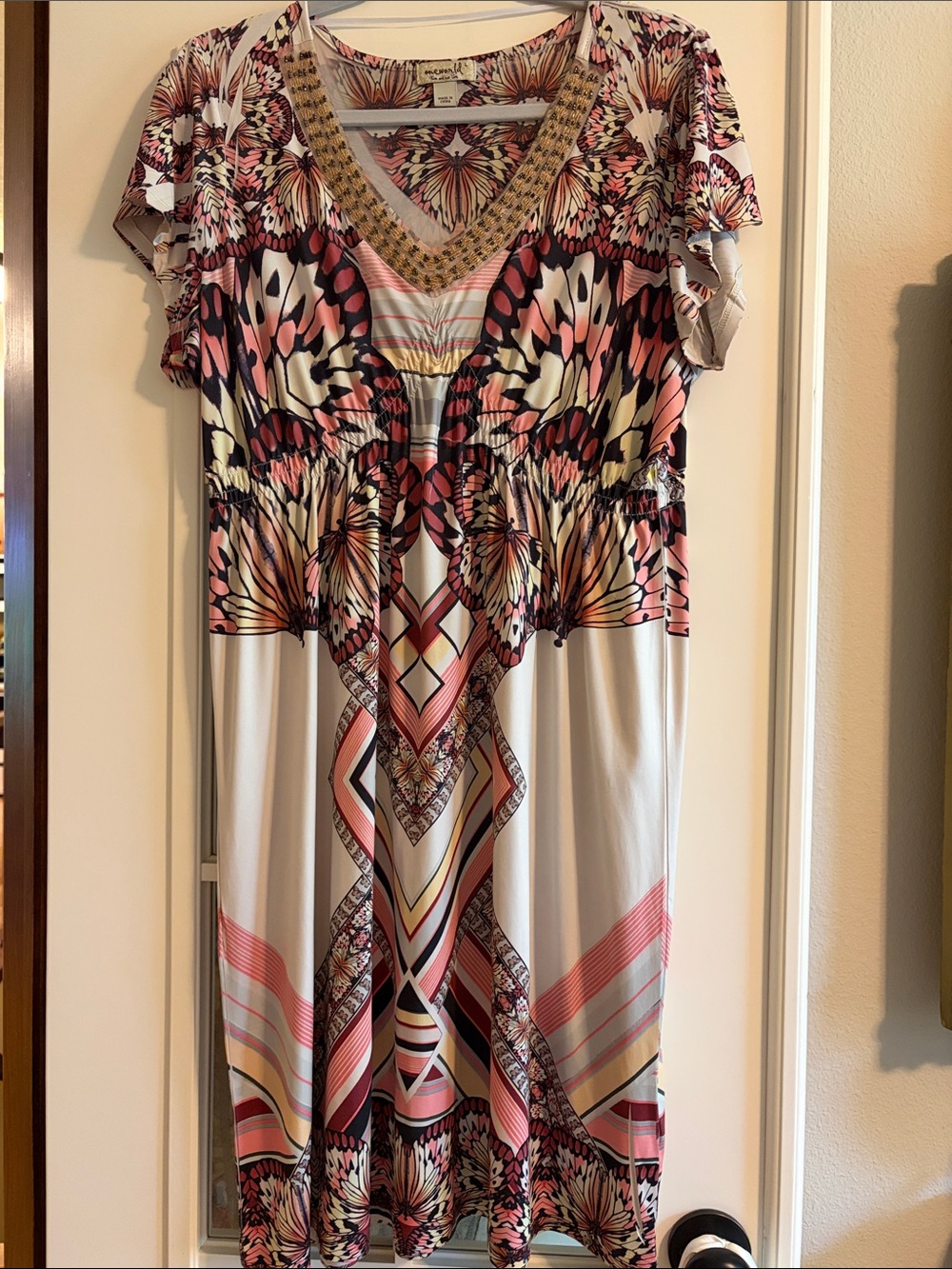 One World Monarch Butterfly Motif Stretchy Empire Waist V-Neck Dress Size L